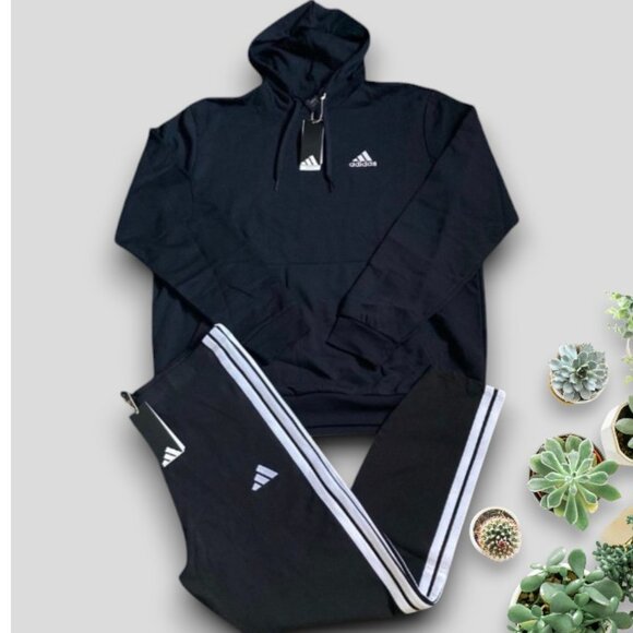 NWT 2 PC ADIDAS M HOODIE AND LEGGINGS 3 STRIPE MATCHING SET BLACK WHITE BUNDLE - Picture 2 of 3